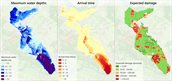 Three maps displaying the maximum water depth, arrival time, and expected damage when a breach occurs.
