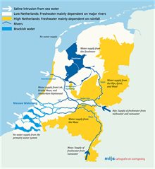 Map displaying the freshwater supply and deficits in the Netherlands. Freshwater supply in lower part of the Netherlands comes from rivers such as the Meuse and Rhine, and Lake IJssel. In high parts of the Netherlands, rainfall is the main driver for freshwater supply.
