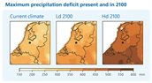 Maps displaying the maximum precipitation deficit in the 5% driest years in the present climate, and in the 2100 climate for two different emission scenarios. The figures show that maximum precipitation deficit will increase into the future, with a more significant increase under a high emission scenario.